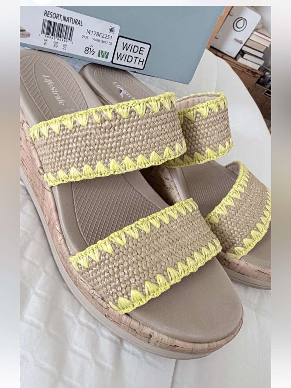Bzees LifeStride Resort Wedge Slide Sandals Neon Yellow Size 8.5 Wide NWOB